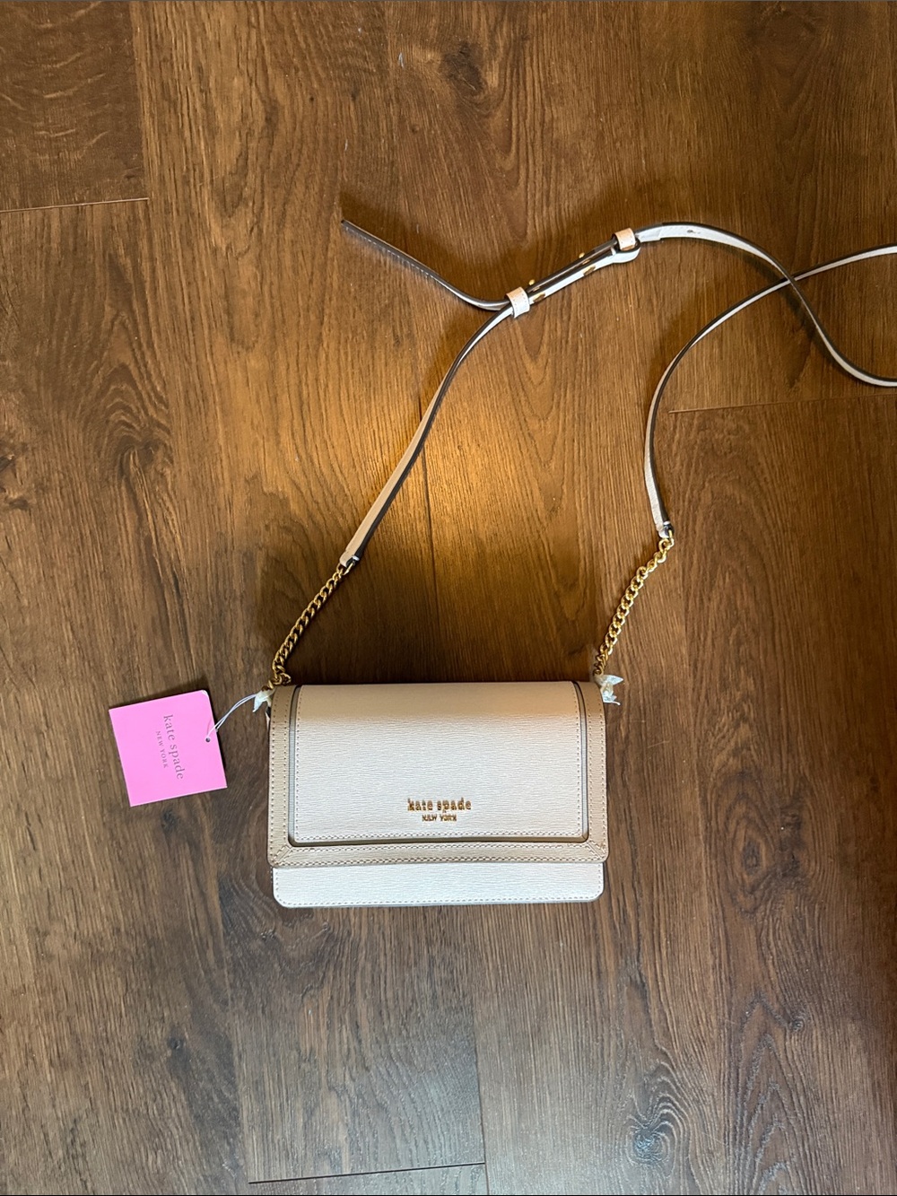 kate spade Cream and Tan Leather Crossbody with Gold Chain Strap